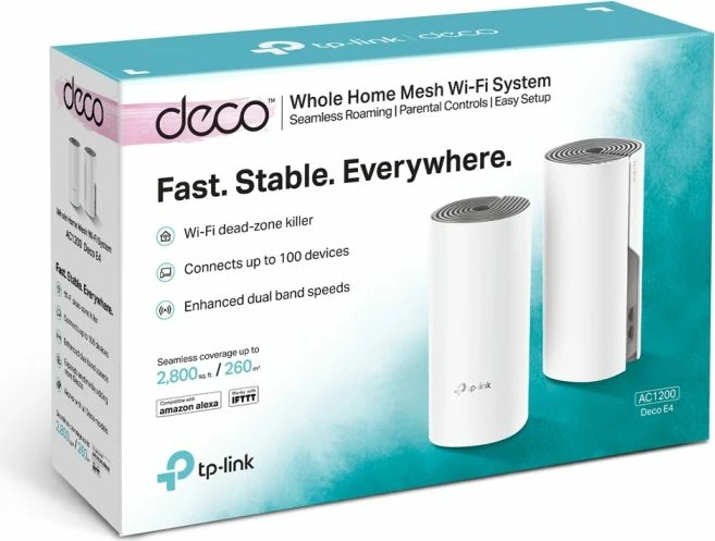 Sistem Mesh Wi‑Fi TP-LINK Deco E4, dual-band AC1200 (deri 1167 Mbps), mbulim deri 260 m², e bardhë, paketë 2 copë