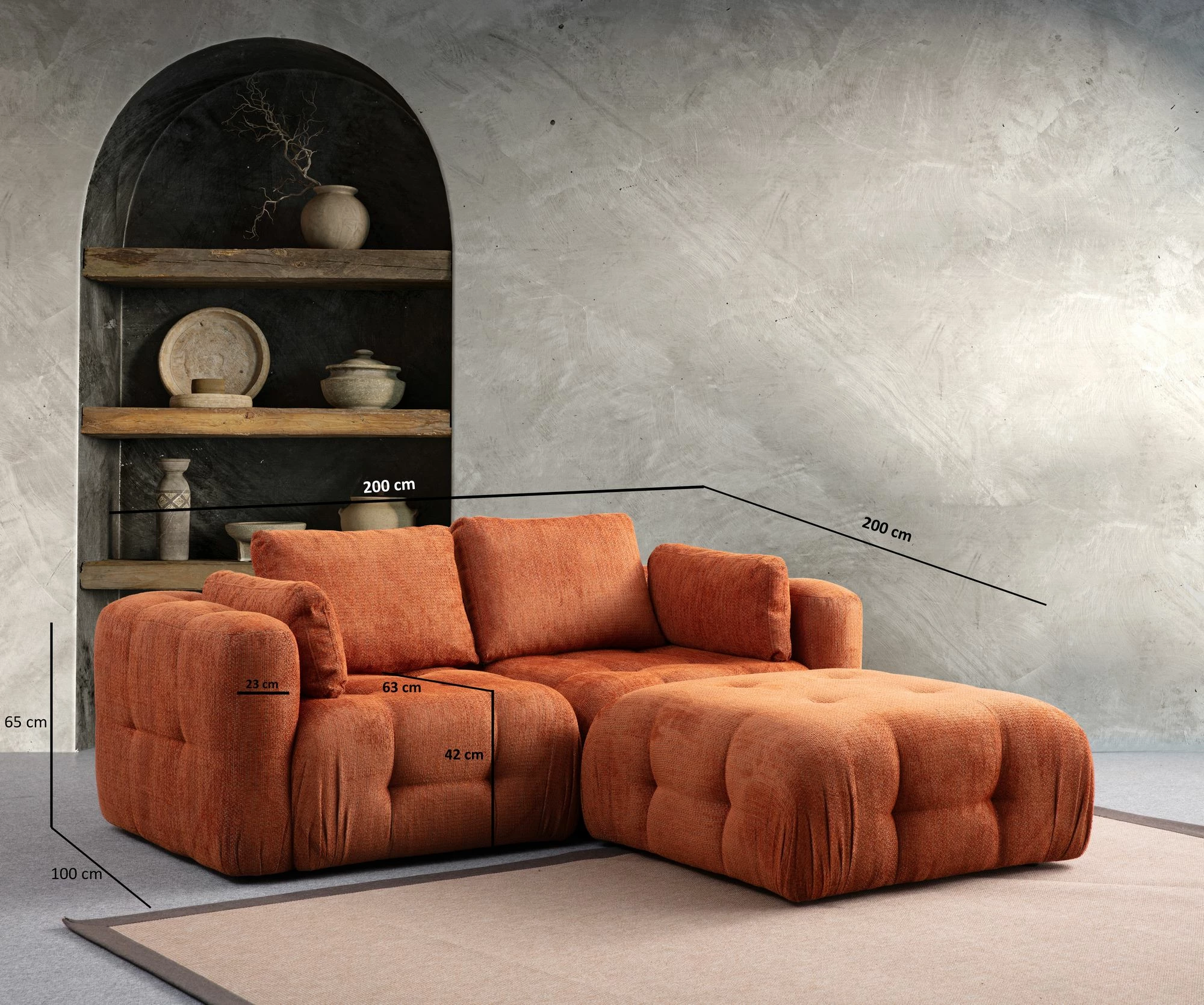 Kënd divani Atelier del Sofa, Amaris 2 vende me pouffe, portokalli