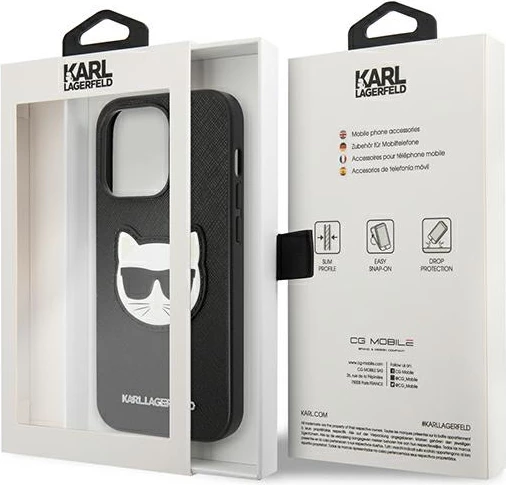 Mbështjellës Karl Lagerfeld KLHCP14XSAPCHK për iPhone 14 Pro Max 6.7", Saffiano Choupette Head Patch, i zi