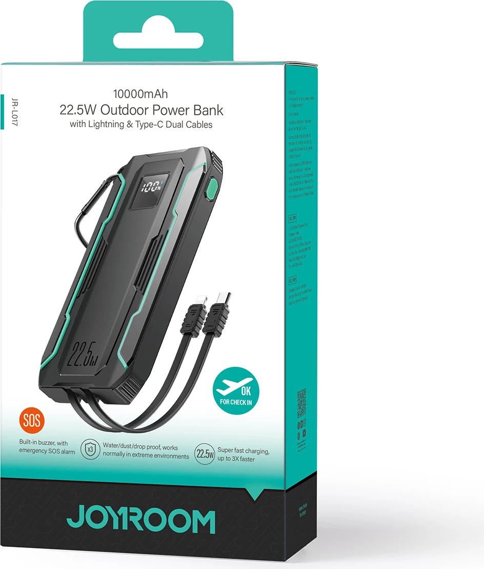 Powerbank Joyroom JR-L017, 10000mAh, 22.5W, me kabllo USB-C/Lightning të integruara, e zezë