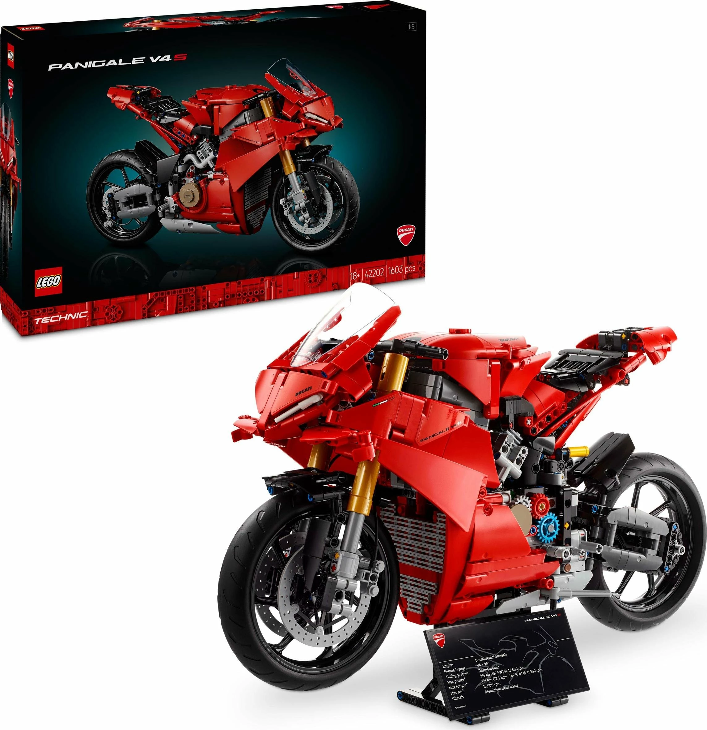 Set LEGO Technic motoçikletë Ducati Panigale V4 S 42202, 1603 pjesë, e kuqe