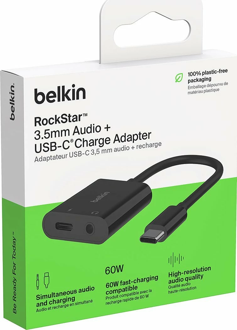 Adapter audio USB-C në 3.5mm + USB-C Belkin RockStar NPA004BTBK, 16.5 cm, 60W, i zi