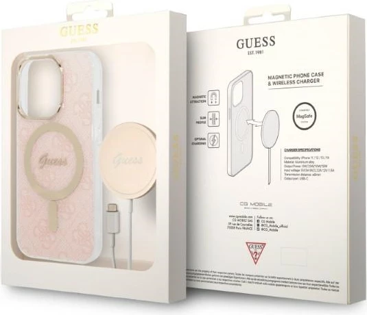 Mbështjellës + karikues pa tela MagSafe Guess 4G Print, për iPhone 14 Pro Max 6.7", 20W, USB‑C, rozë, set