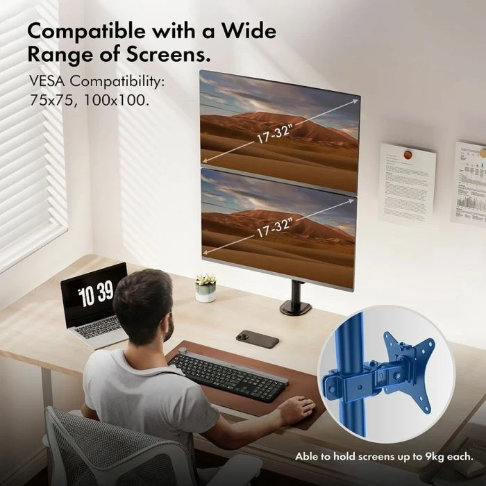 Mbajtëse monitori dual tavoline VONHAUS 3000112 për 2 ekrane 13-32", VESA 75x75-100x100, clamp/grommet, e zezë