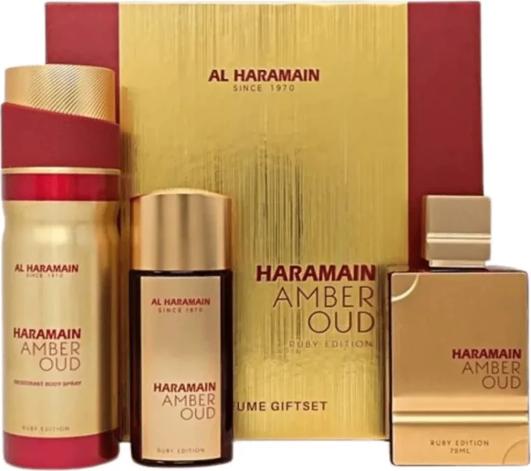 Set Eau de Parfum dhe deodorant unisex Al Haramain Amber Oud Ruby Edition 75ml + 30ml + 200ml
