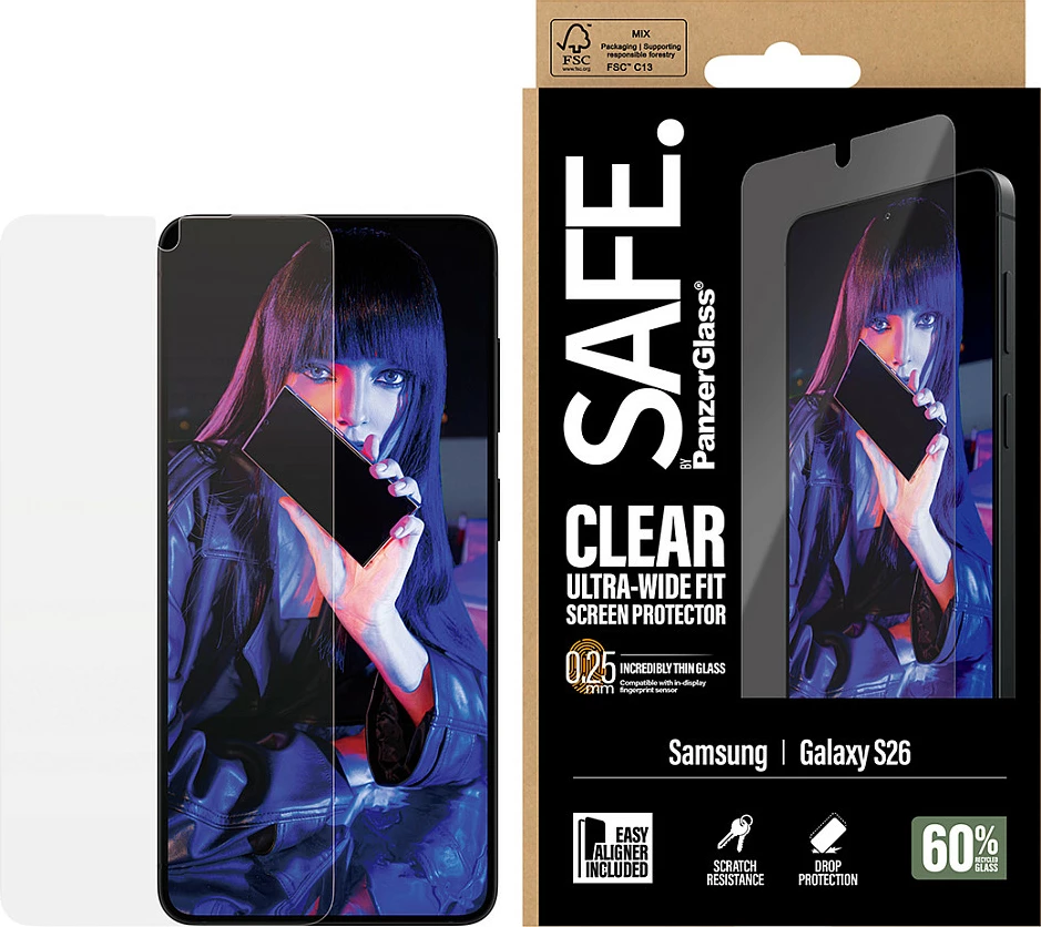 Mbrojtëse ekrani PanzerGlass SAFE., për Samsung Galaxy S26, Ultra-Wide Fit, EasyAligner, transparente