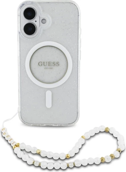 Mbështjellës Guess IML Glitter me rrip perlash MagSafe për iPhone 16, Transparent