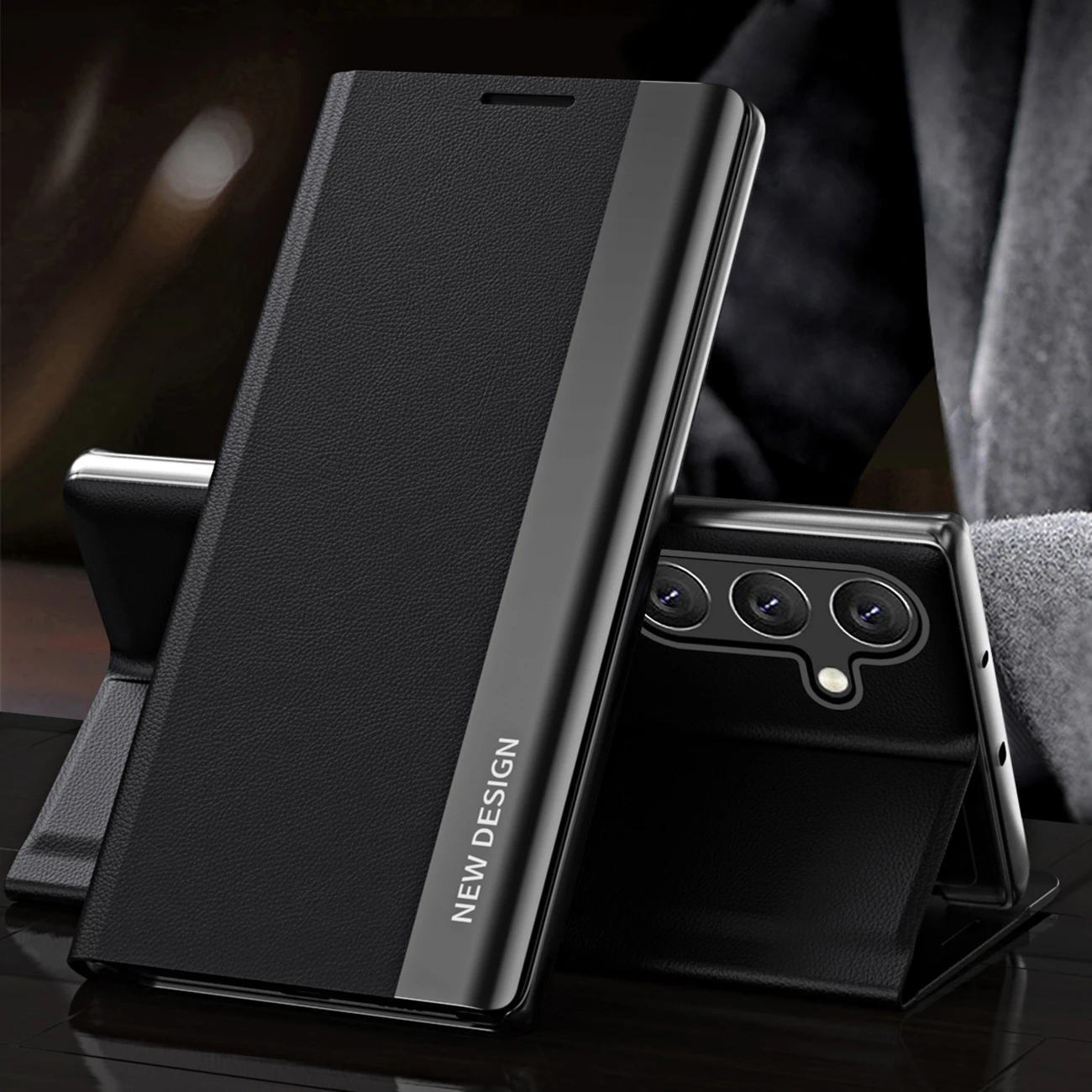 Mbështjellës Hurtel Sleep Case Pro për Samsung Galaxy S24 FE, me kapak dhe qëndrim, i zi