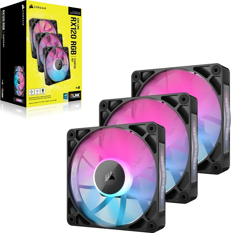 Ventilatorë për kasë Corsair iCUE LINK RX120 RGB, 120mm, 3 copë, të zi