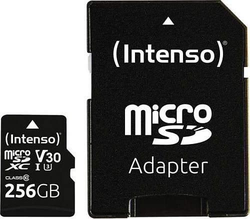 Kartelë memorjeje microSDXC Intenso UHS-I Professional 256GB, U3/V30 Class 10, me adapter SD, e zezë