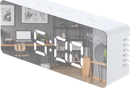 Orë me alarm, Adler AD 1189, ekran LED, shfaqje temperature dhe date, ndriçim i rregullueshëm, USB/3xAAA, e bardhë