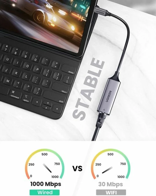 adapter rrjeti USB-C në RJ45 Gigabit UGREEN 50737 10/100/1000 Mbps, argjendtë