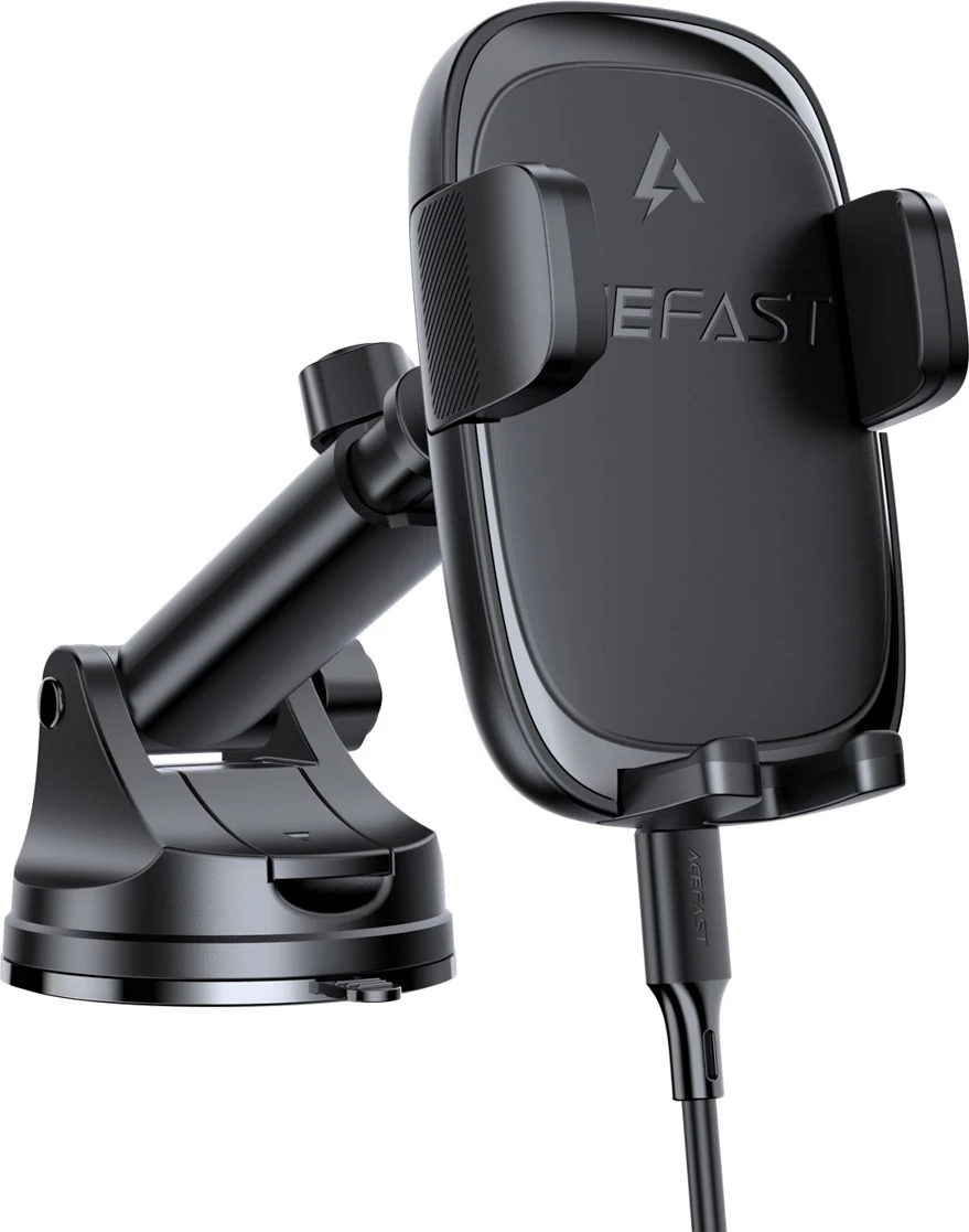Mbajtës telefoni për veturë me karikim wireless Acefast D49 15W Qi, për dashboard/xham, për 4.7-6.9\", USB-C, e zezë, set me kabllo USB-A në USB-C