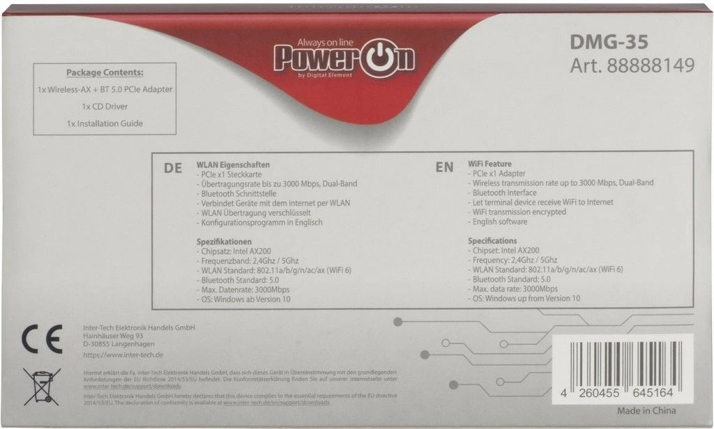 Adapter WLAN & Bluetooth Inter-Tech DMG-35, PCI Express, 3000 Mbit/s, e zezë, argjendtë