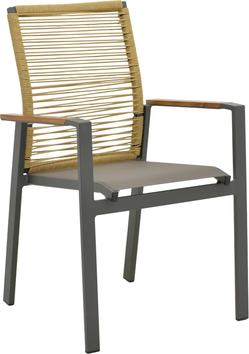 Karrige me krahë Aegean, alumini anthracite, litar natyral, doreza teak, 57x64x87cm