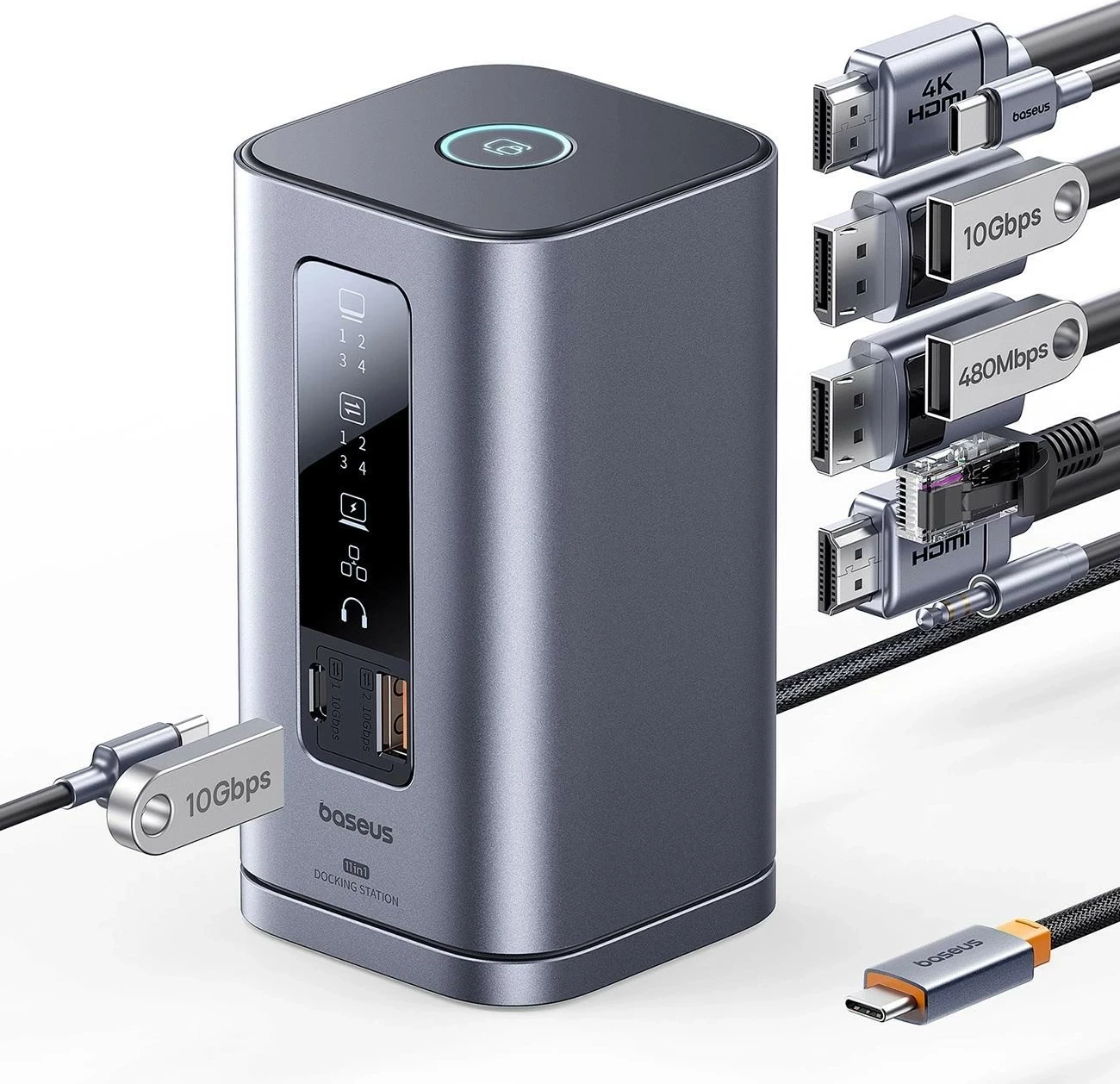 Doking stacion Baseus Spacemate RD1, 11në1, USB-C, 2xHDMI 4K@60Hz, 2xDP 4K@60Hz, 2xUSB-A 10Gb/s, USB-C 10Gb/s, RJ45, USB-A 480Mb/s, USB-C PD, mini jack 3.5mm, ngjyrë gri
