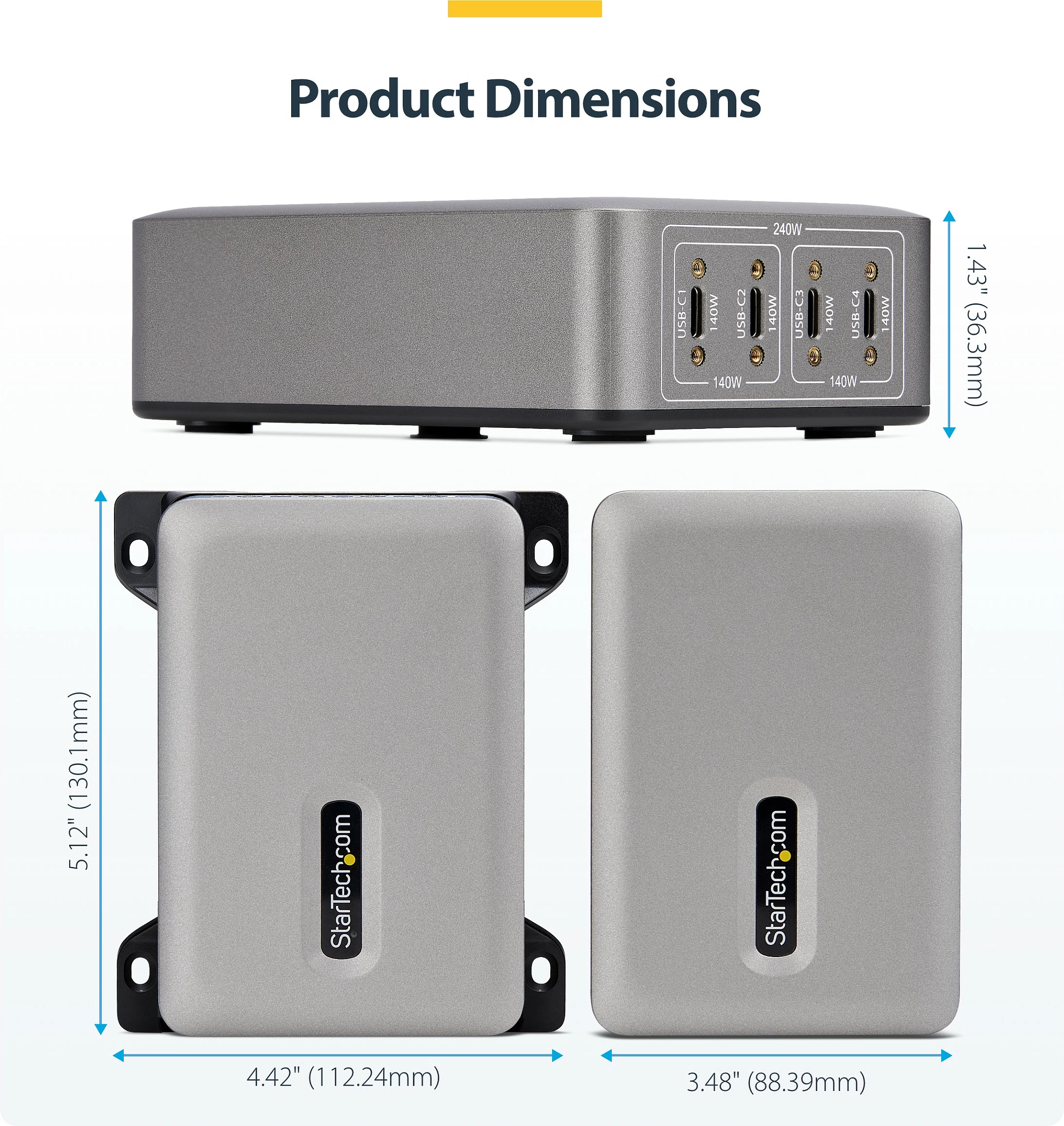 Karikues USB-C StarTech 4-Port 240W PD 3.1 GaN, 140W EPR, 1.8 m, gri