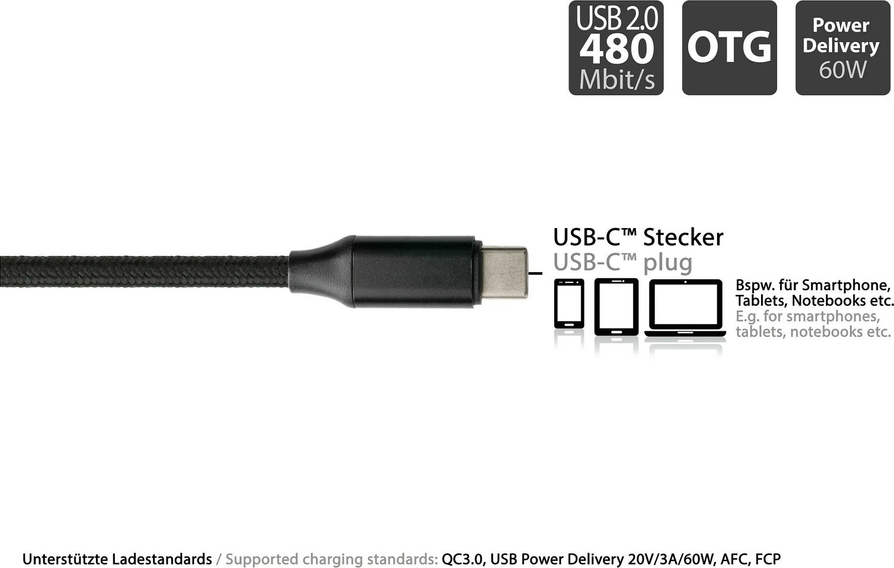 Kabllo USB-A në USB-C PYTHON Series, USB 2.0, QC 3.0, PD 60W, 1m, e zezë