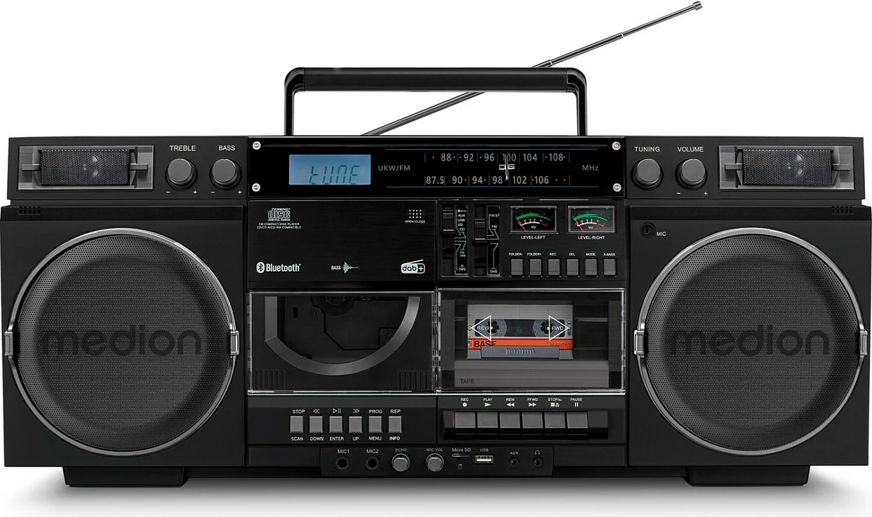 Sistem zëri Medion LIFE P66538, 20 W, DAB+/FM, Bluetooth 5.1, CD/USB/microSD/kasetë, i zi