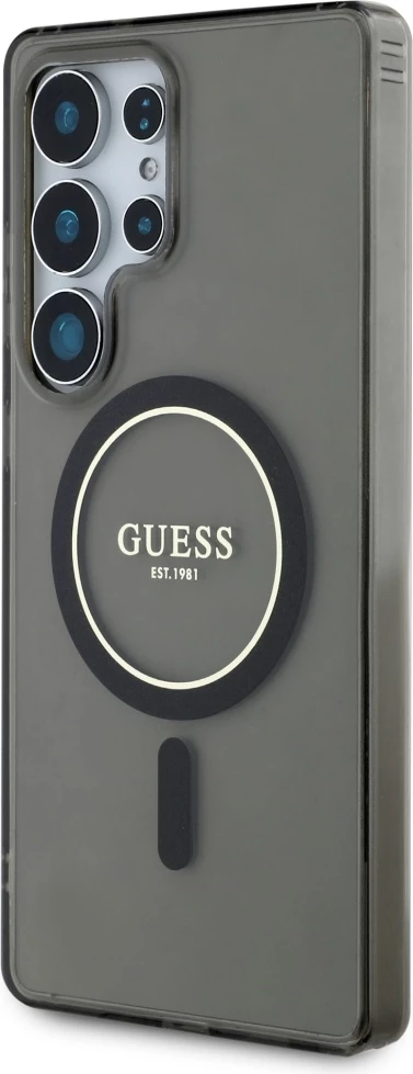 Mbështjellës Guess Glitter Circle Classic Logo MagSafe për Samsung Galaxy S25 Ultra, zi
