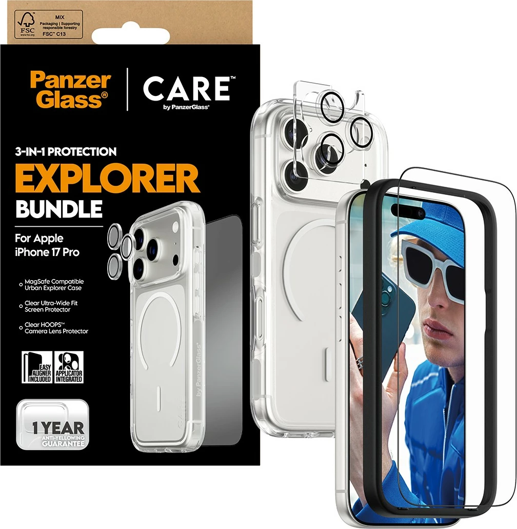 Mbështjellës PanzerGlass CARE 3-in-1 Flagship Explorer Bundle për iPhone 17 Pro transparent