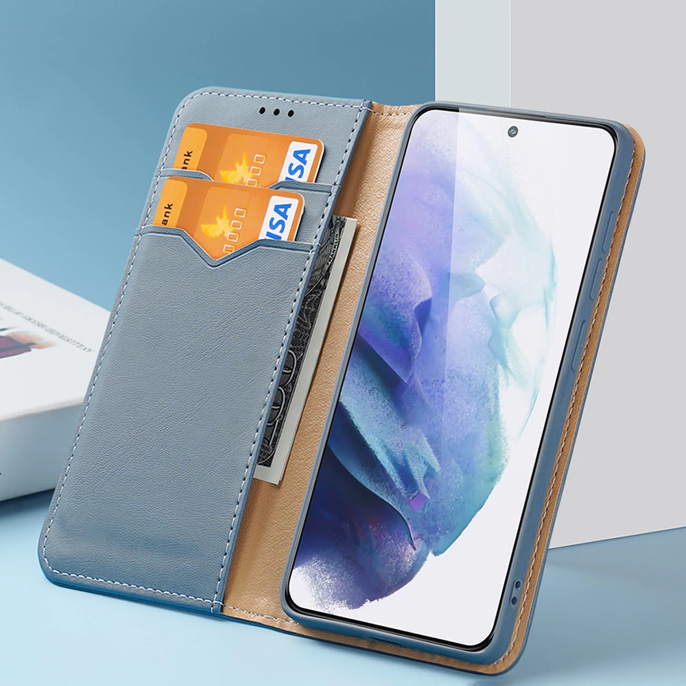 Mbështjellës Dux Ducis Hivo për Samsung Galaxy S22+, lëkurë natyrale, me xhepa për karta, Blu
