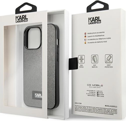 Mbështjellës Karl Lagerfeld Saffiano Plaque për iPhone 13 Pro Max 6.7", argjend