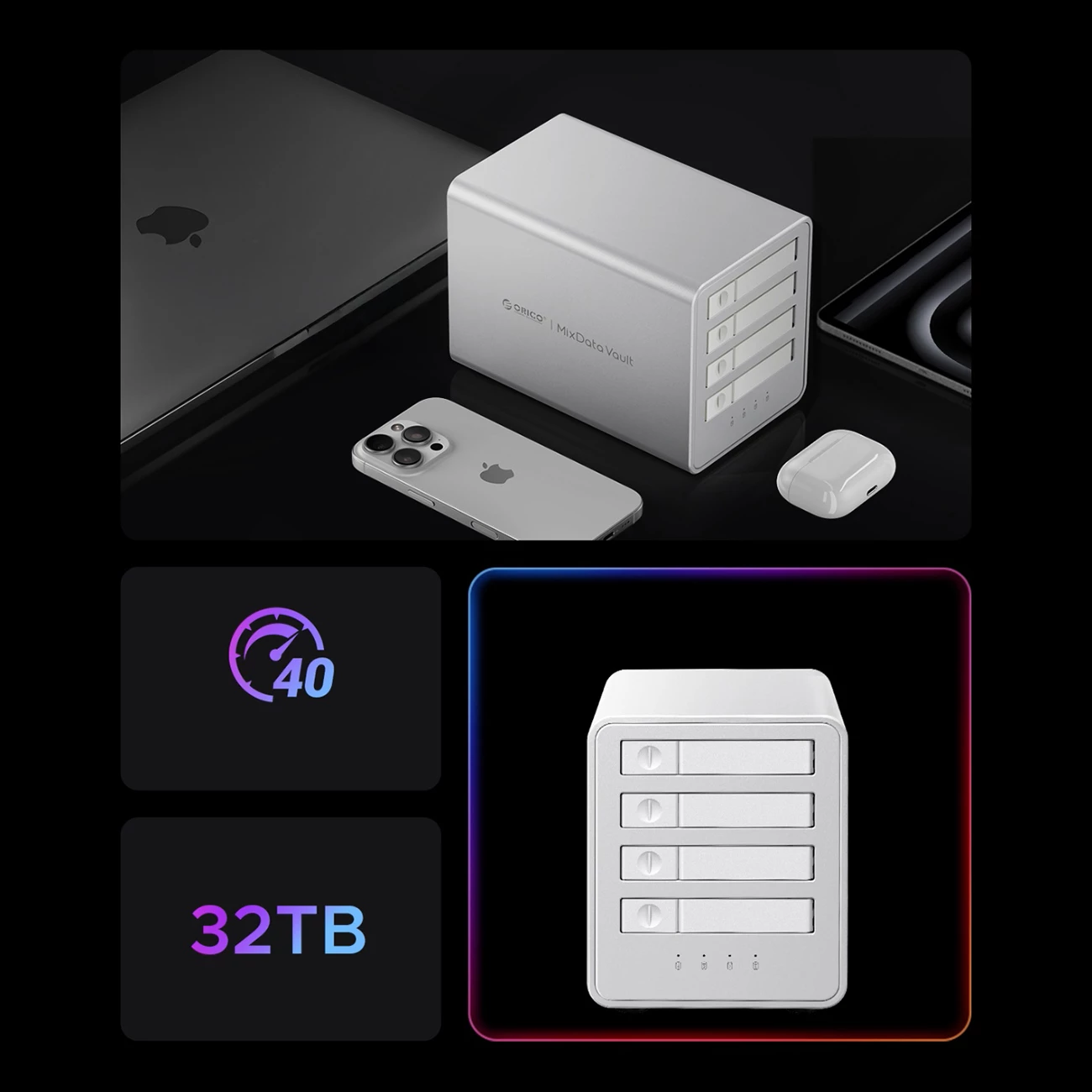 DAS 4-bay për M.2 NVMe SSD, Orico, 8848U4, deri 40 Gbps, deri 32 TB, e bardhë