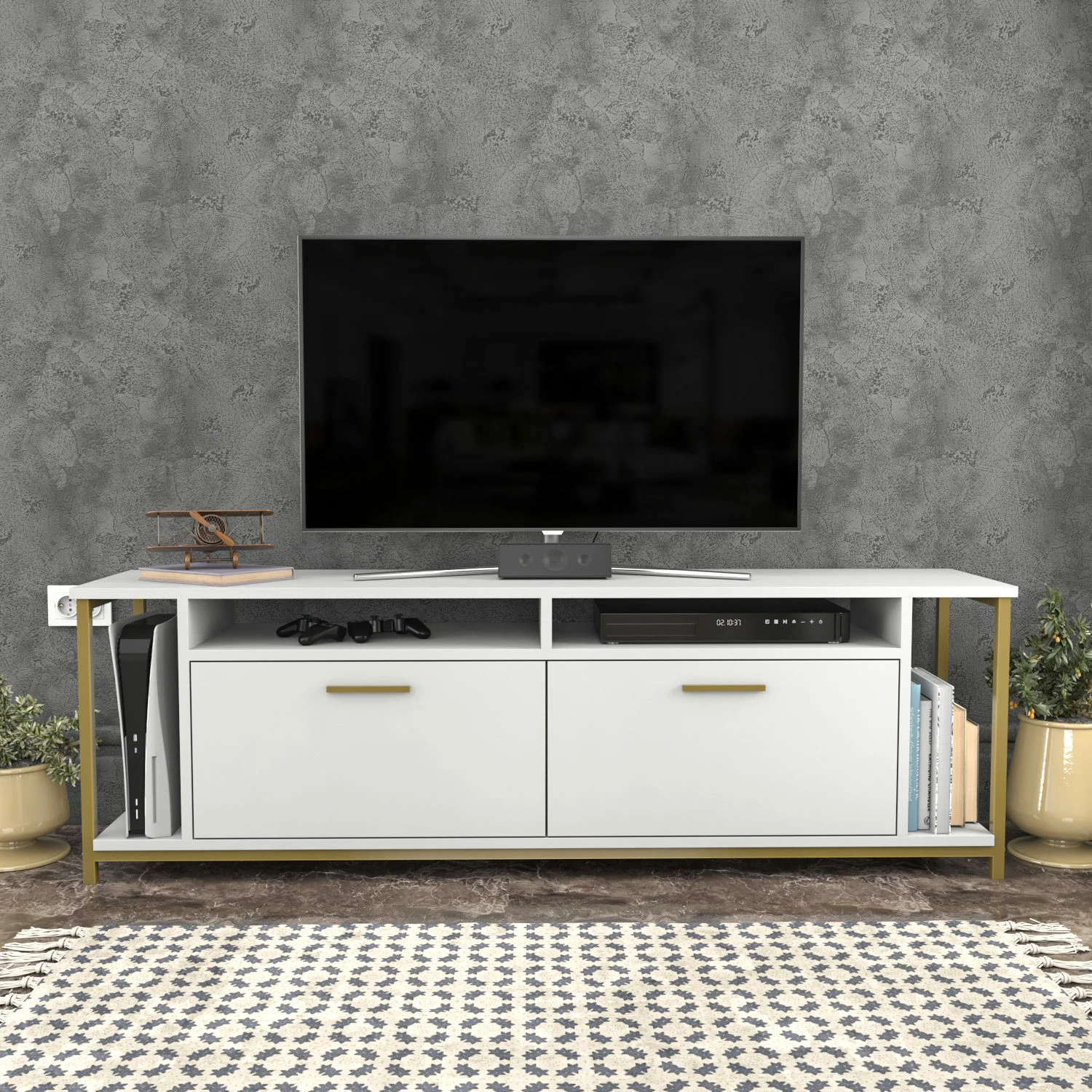 Komodë TV Hanah Home, Omar, e bardhë dhe ari