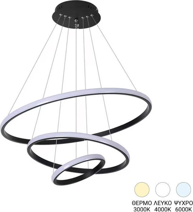 Llambë tavani Rings, LED, metal i zi, D60x100cm