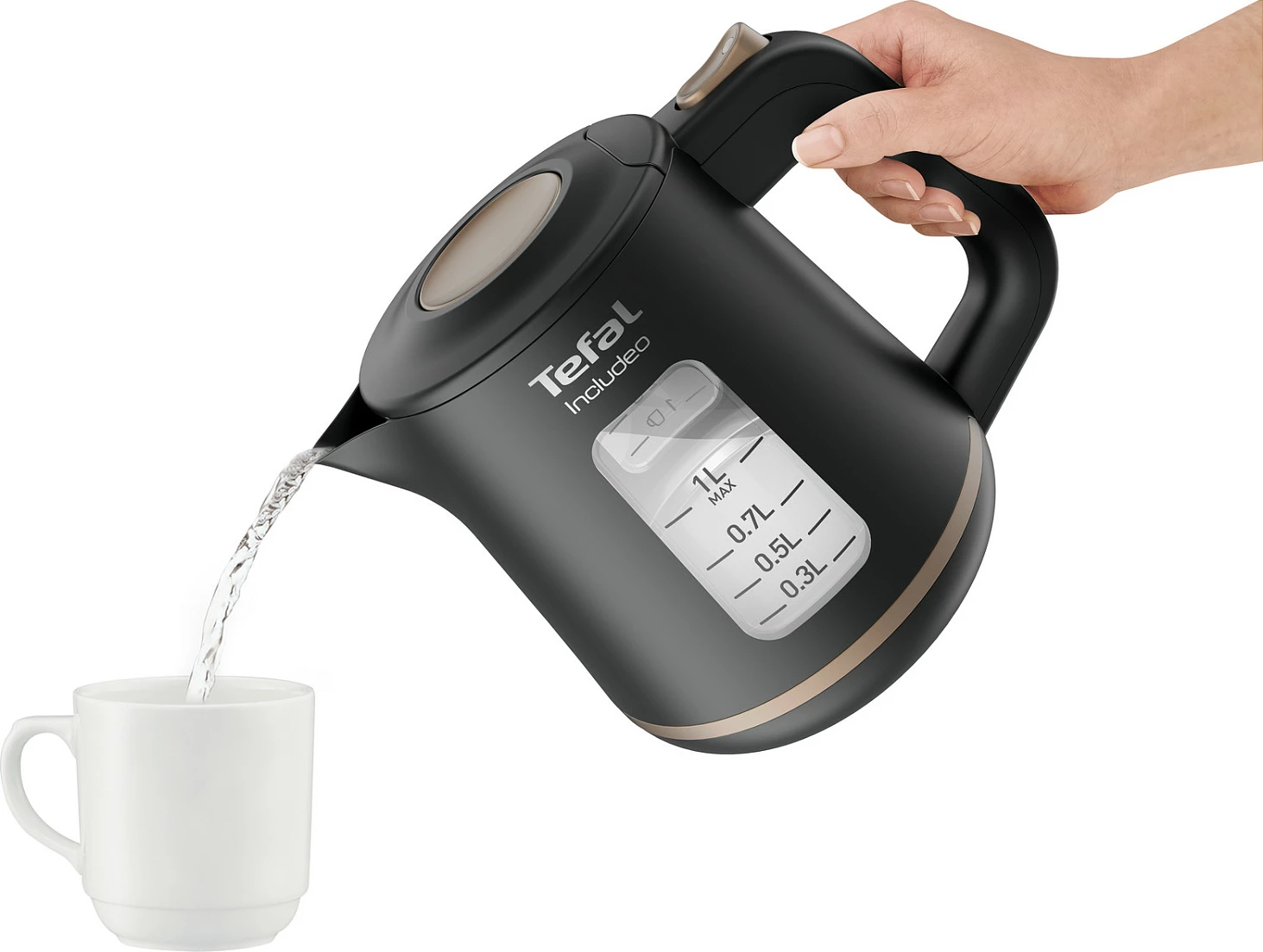 Çajnik elektrik Tefal Includeo, 1L, 2400W, filtër anti-gëlqere, i zi