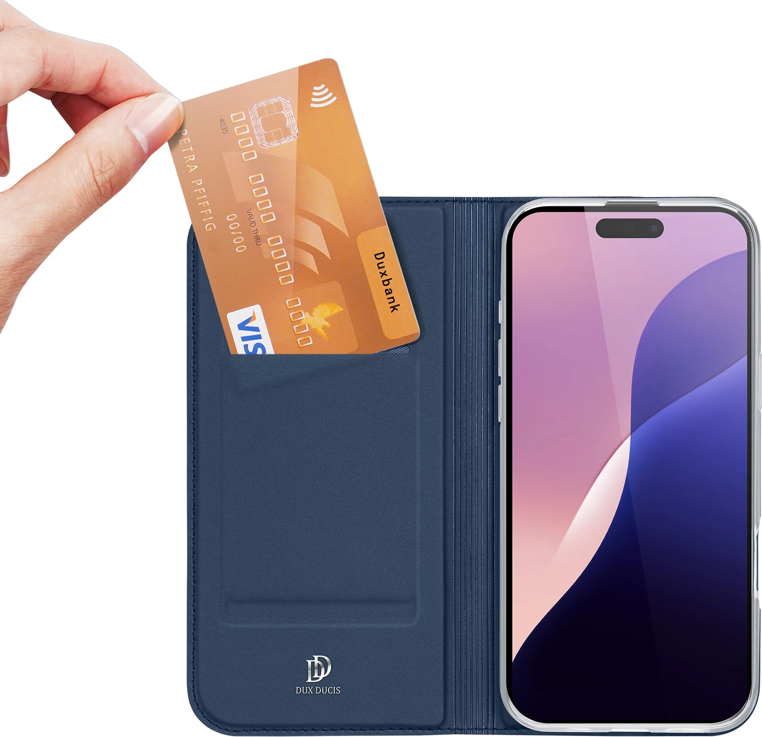 Mbështjellës Dux Ducis Skin Pro për iPhone 16 Pro Max, me kapak dhe xhep për kartela, kaltër