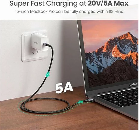 Kabllo karikimi UGREEN USB-C në USB-C 100W, 2m, e gërshetuar, e zezë