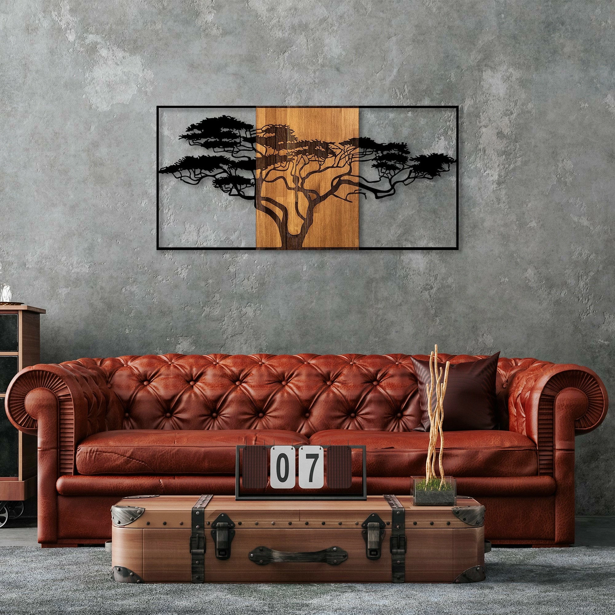 Aksesor dekorativ për mur, dru dhe metal, dizajn peme akacie, ngjyrë e zezë dhe arre, 147x3x70 cm