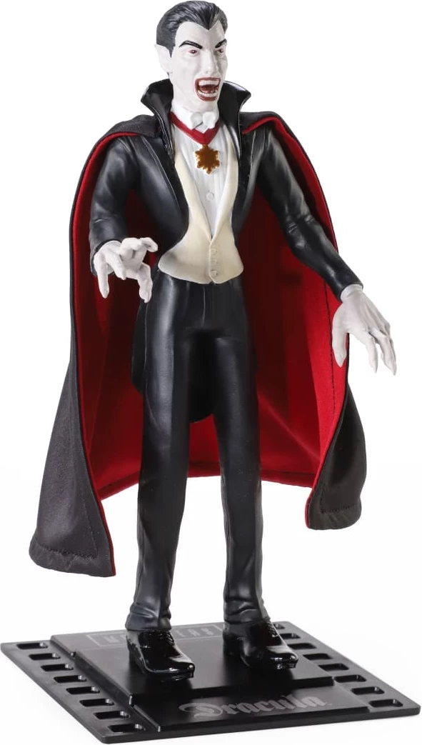 Figurinë Noble Collection Bendyfigs Universal Monsters Dracula 19 cm me pelerinë dhe stand, e zezë/kuqe