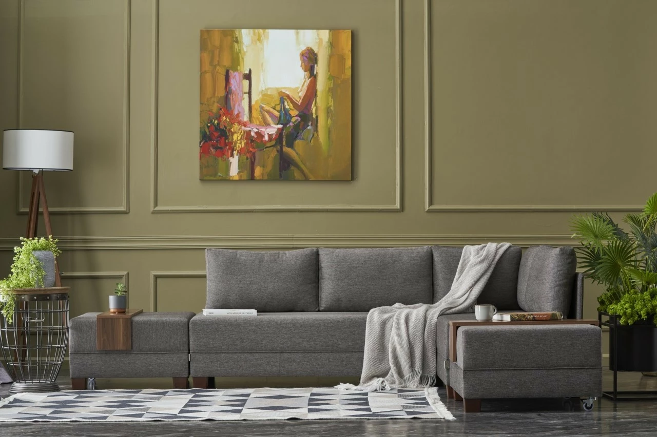 Kënd divan-krevat Fly, ngjyrë kafe, me tavolinë krahu, kënd i djathtë