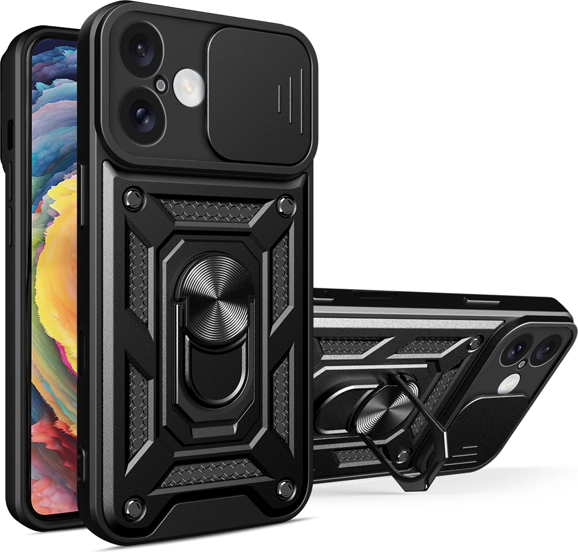 Mbështjellës Hurtel Hybrid Armor Camshield për iPhone 16 Plus, me kapak kamere dhe stand, i zi
