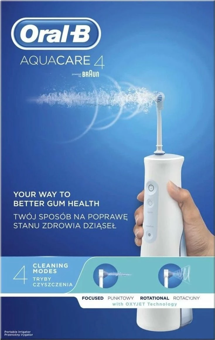 Irigator oral Oral-B AquaCare 4, me bateri, 2 nivele intensiteti, 2 grykë, i bardhë