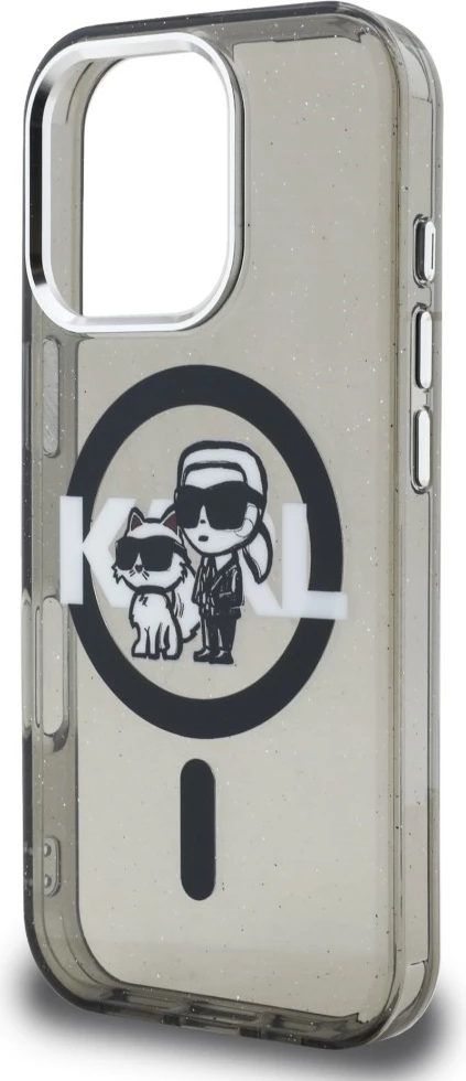Mbështjellës MagSafe Karl Lagerfeld IML Glitter Karl & Choupette Sketch Logo për iPhone 16 Pro, i zi, në kuti