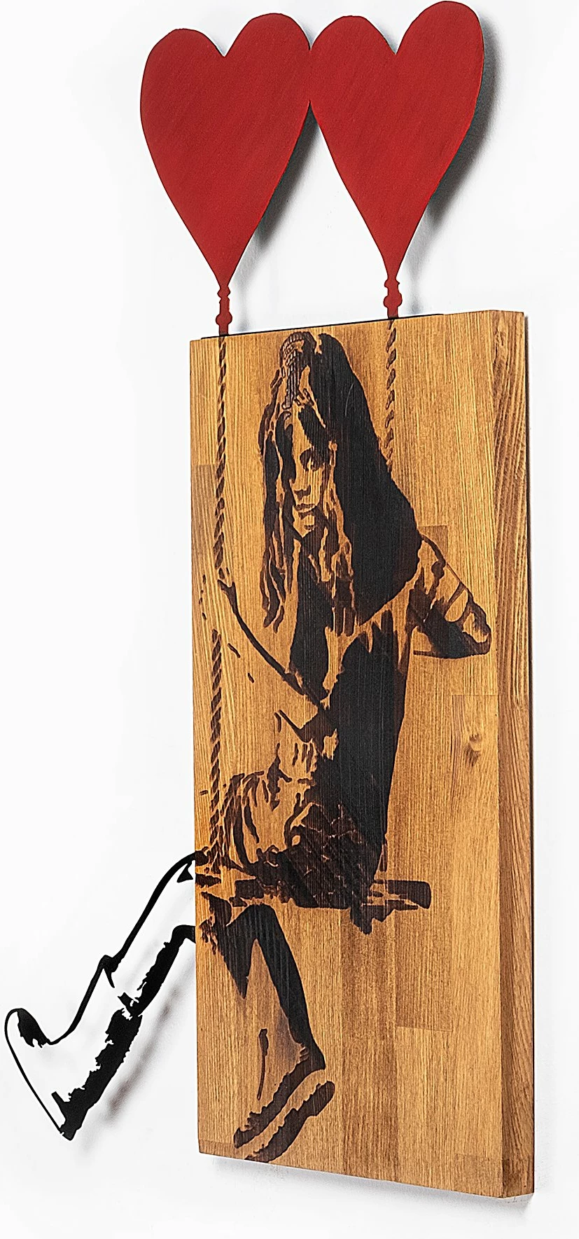 Aksesor dekorativ prej druri për mur, Wallity Banksy, ngjyrë arre dhe e zezë, 50x80cm