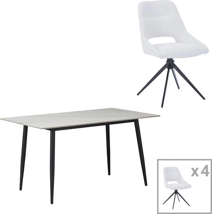 Set tavoline me karrige Gustas-Luciano I, gur i sinterizuar, ngjyrë mermeri të bardhë, pëlhurë bezhë, 120x60x75cm, 5 copë