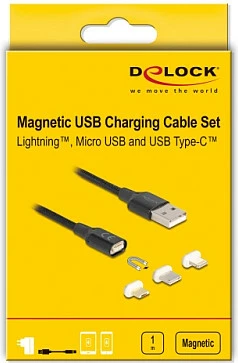 Kablë karikimi DeLOCK 88165, USB-A, 1m, magnetike 3-në-1 (Lightning/Micro-USB/USB-C), e zezë