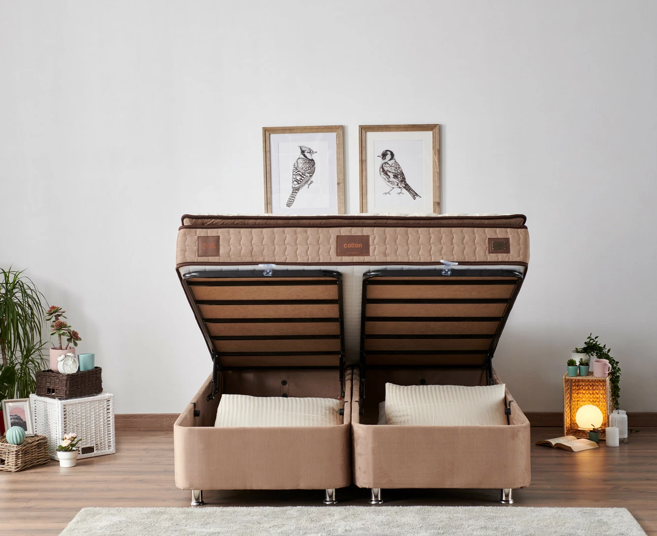 Dyshek dopio, bazë dhe shtrat, Skye Decor Helen, ngjyrë kafe e çelët, 150x200cm