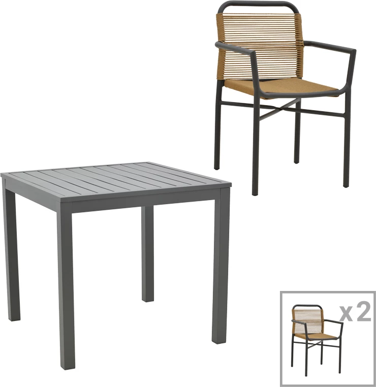 Set tavoline me karrige për terasë Kliton-Clutch, alumin, anthracite-natyral, 80x80x74cm, 3 copë