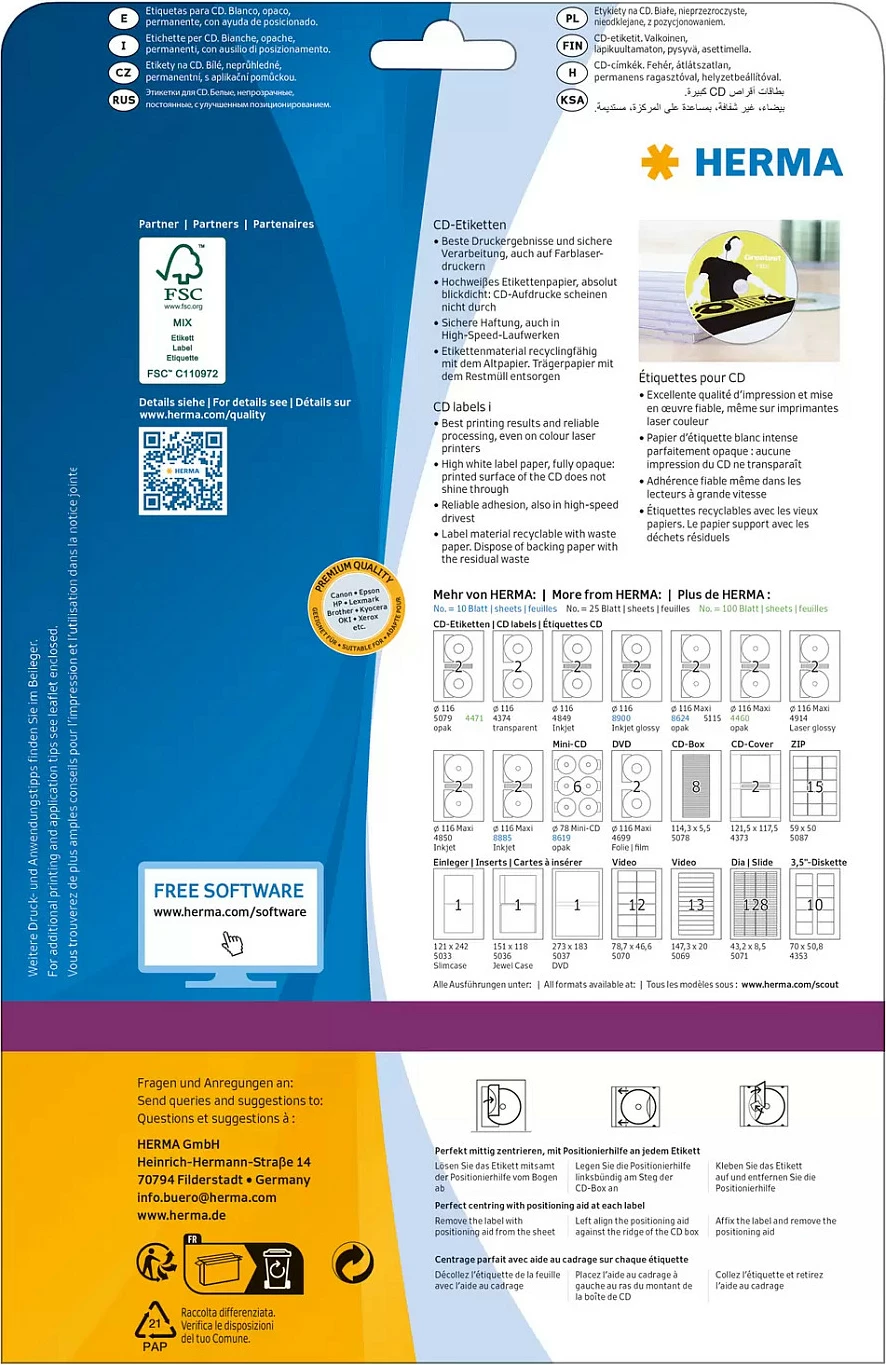 Etiketa për CD HERMA Maxi A4 Ø116 mm, 20 copë, mat, të bardha