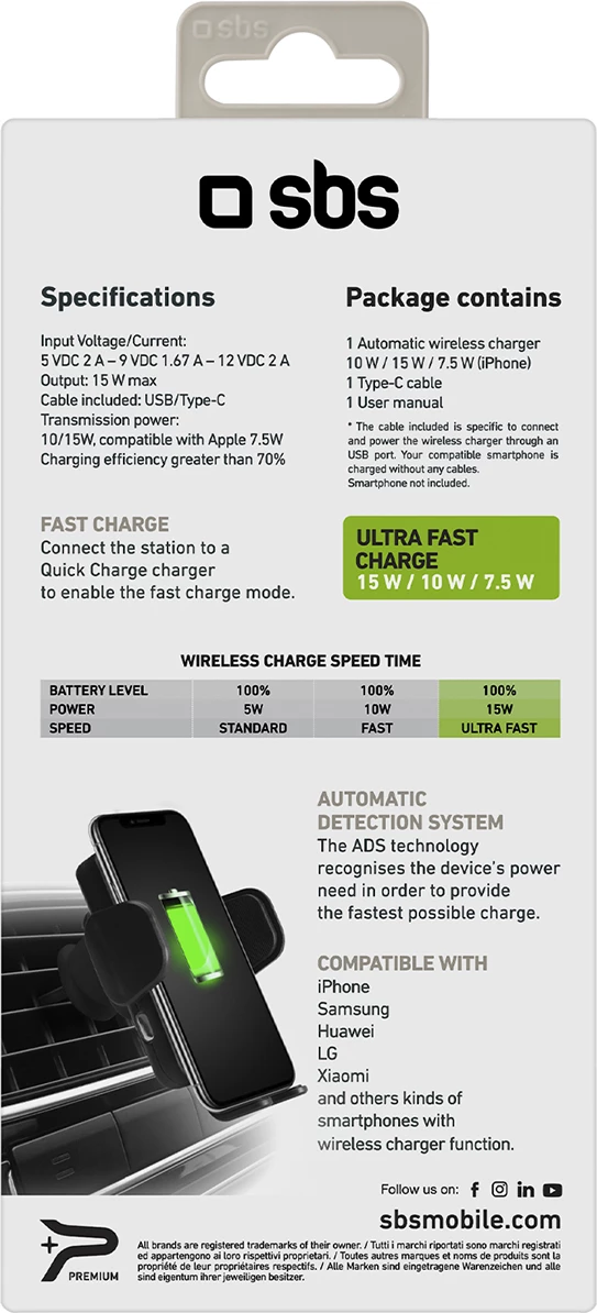 Mbështjellës me karikim wireless SBS TESUPWIR15WAUT për ventilator të makinës, 15W, i zi