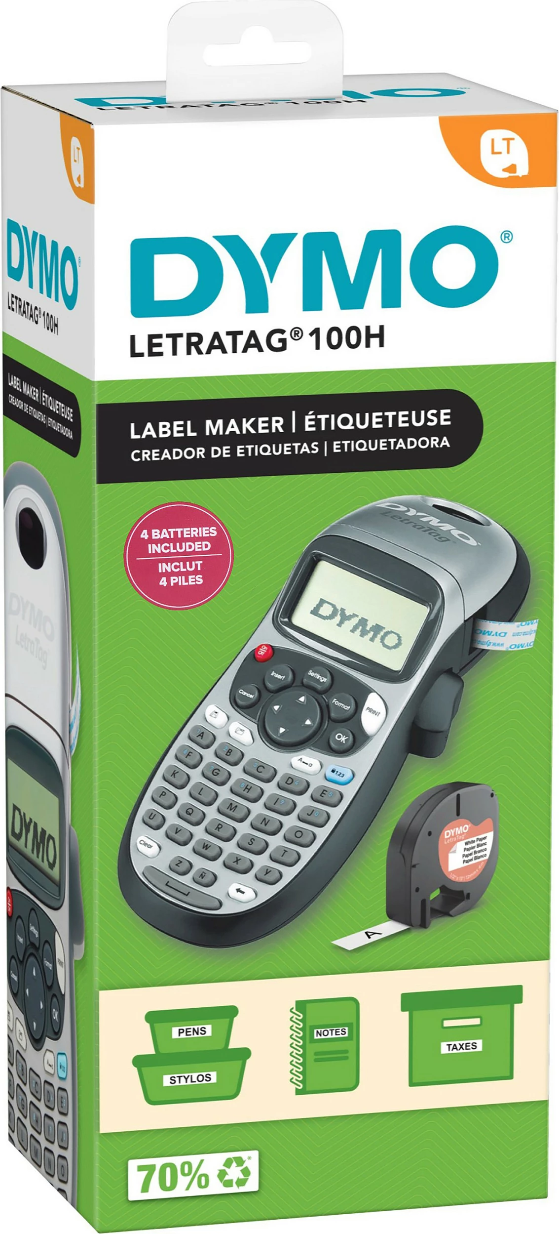 Aparat etiketimi Dymo LetraTag LT-100H, LCD, gjerësi 12 mm, bateri AA, argjend