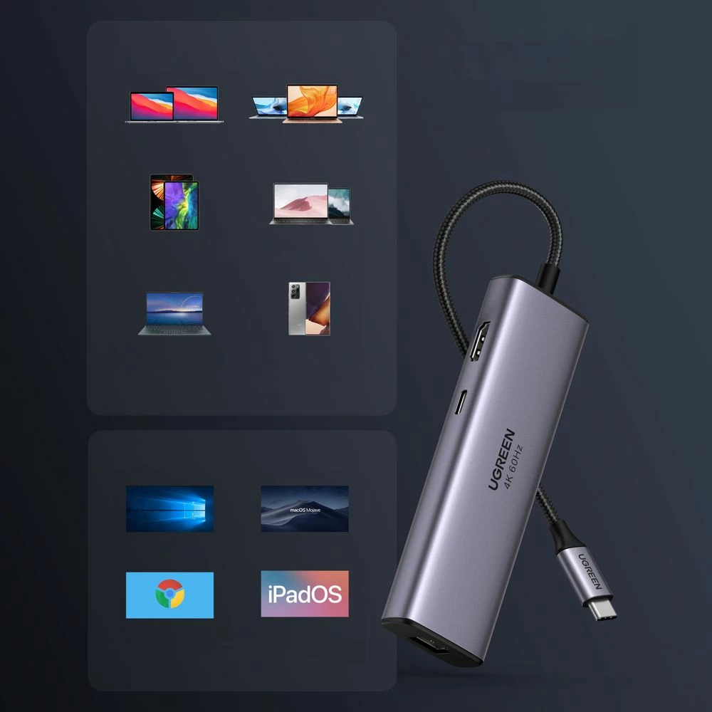 Replikator portash USB-C Ugreen CM512 (60515) 10Gbps 7-në-1 me HDMI, LAN Gigabit, SD/microSD, PD, 2x USB-A, 3x USB-C, gri