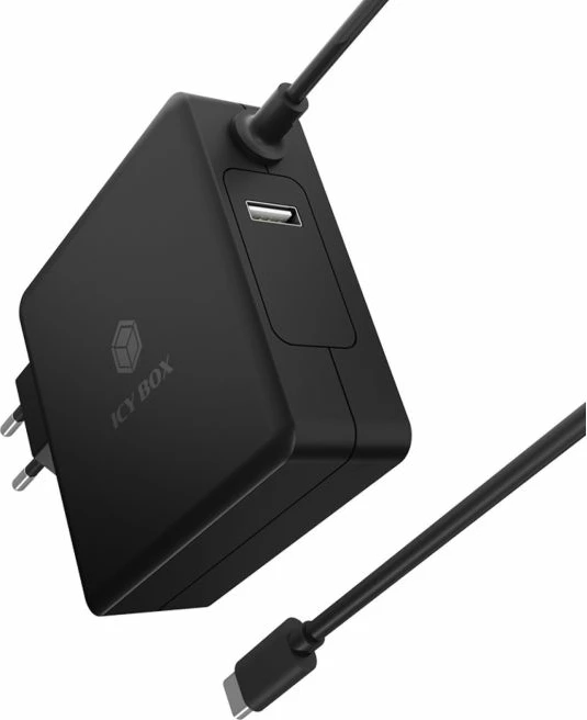 Karikues USB-C PD ICYBOX IB-PS101-PD 90W me portë USB-A, kabllo e integrume 1.8m, e zezë