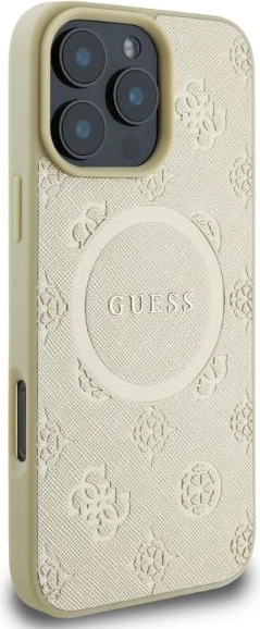 Mbështjellës Guess Saffiano Peony Classic Logo MagSafe për iPhone 16 Pro, ari